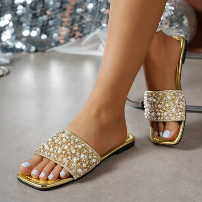 Women’s Rhinestone Flat Sandals - Crystal Embellished Non-Slip Summer Beach Slides
