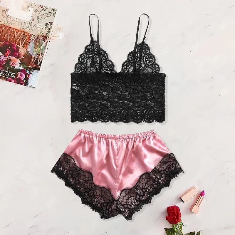 Women's Lace Pajama Set - Sexy See-Through Camisole & Shorts Sleepwear for Summer Comfort