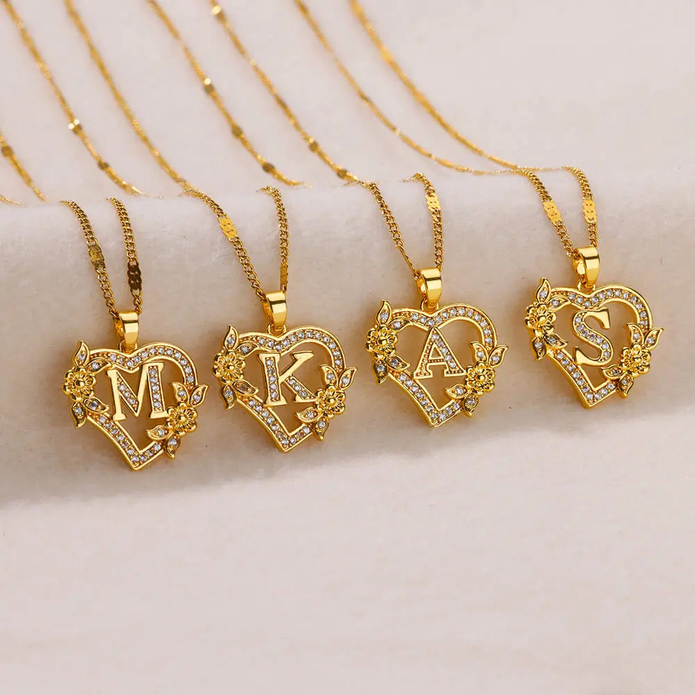Gold Zircon Heart Initial Necklace – Stainless Steel Letter Pendant Jewelry for Women