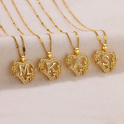 Gold Zircon Heart Initial Necklace – Stainless Steel Letter Pendant Jewelry for Women