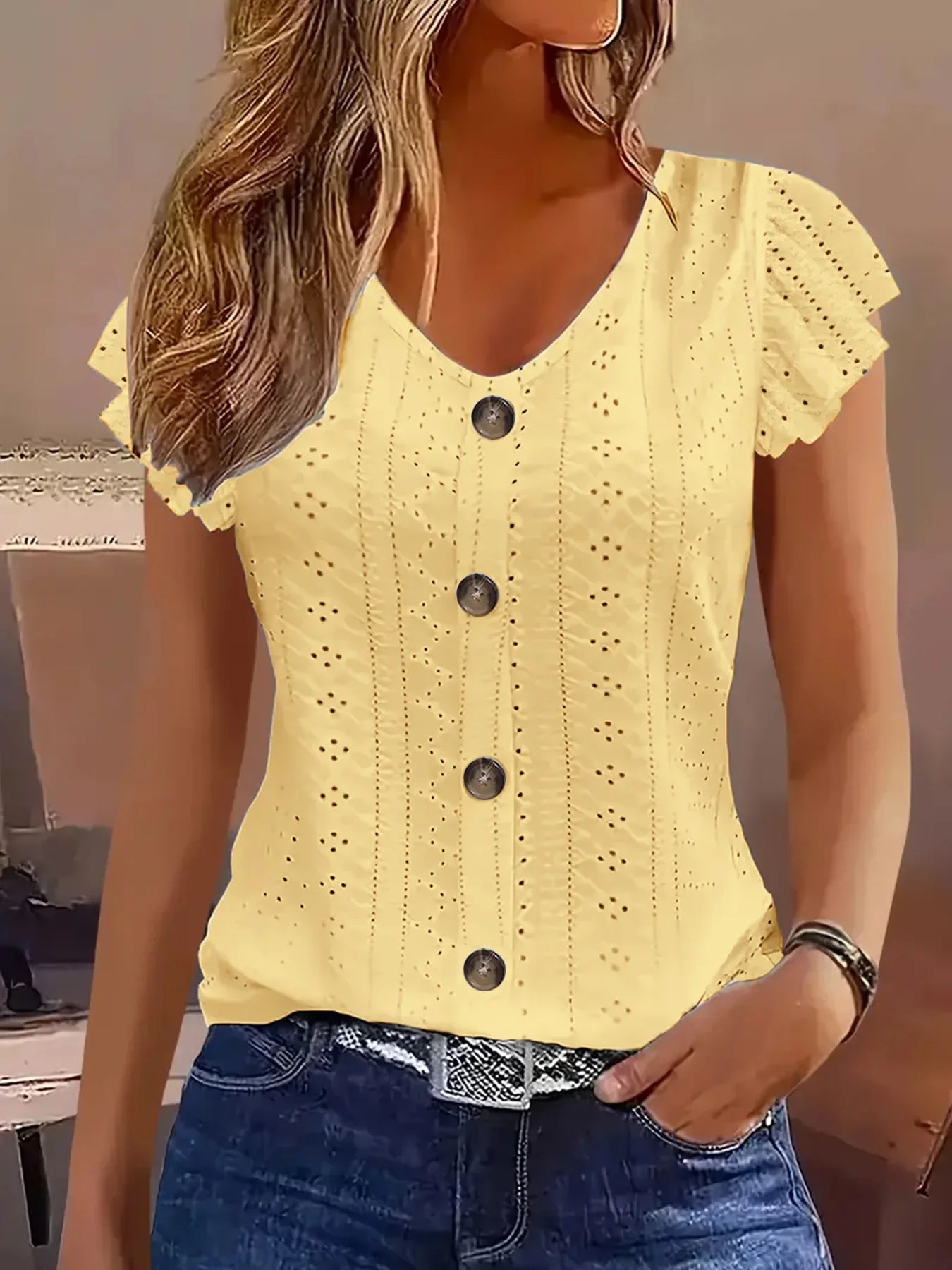 2025 Women’s Spring/Summer Fashion T-Shirt – Stylish Commute Casual V-Neck with Ruffle Sleeves, Solid & Multi-Color Options