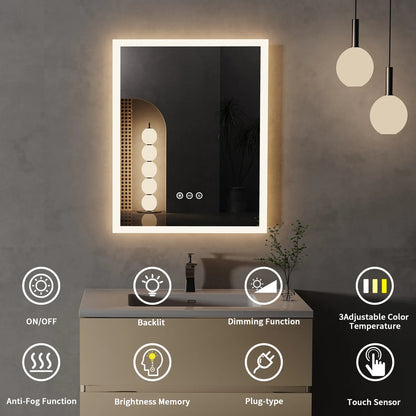16x20 inch LED Lighted Bathroom Mirror – Wall-Mounted Vanity Mirror with Anti-Fog, Smart Touch Button & Memory Function