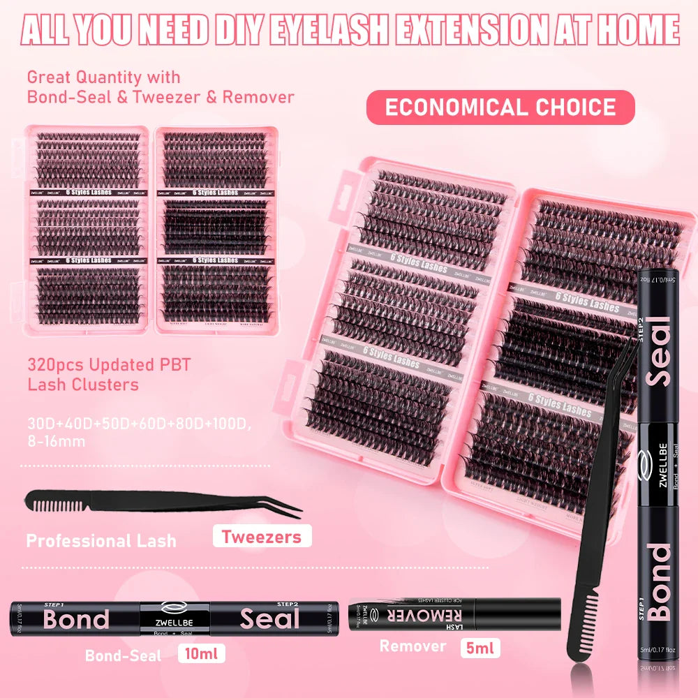 780pcs Eyelash Clusters Kit – 8-16mm Extension with Bond & Seal, Remover, Applicator for DIY Home Makeup
