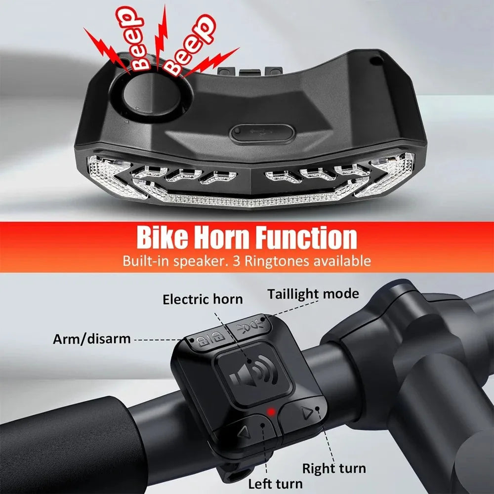 Wireless Bicycle Tail Light with Turn Signal & Anti-Theft Alarm – USB Rechargeable, IP65 Waterproof Brake Sensor Bike Light with Bracket