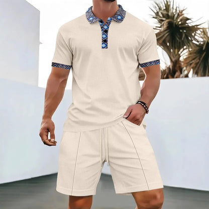2025 Men's Summer Waffle Knit Short Set – Solid Color Zip-Up Lapel Shirt & Shorts | European & US Style