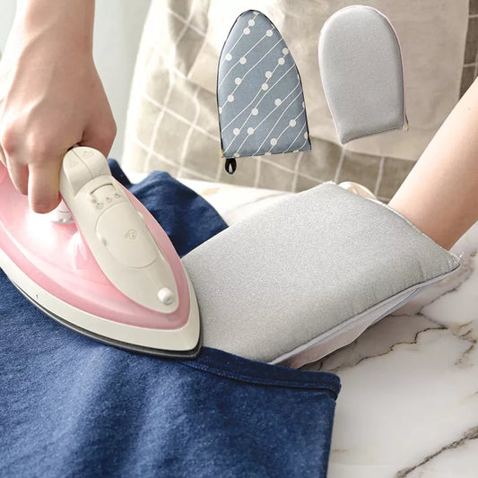 Portable Hand-Held Mini Ironing Pad & Holder Set for Wrinkle-Free Clothes - Protective Mat & Glove Included