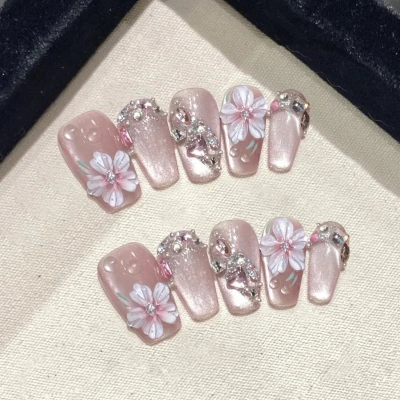 10Pcs Handmade Press-On Nails – Cute Flower & Butterfly Design with Glossy Diamond Full Cover Acrylic Tips