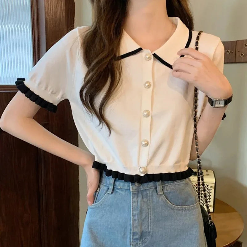 Women’s Summer Knitted Blouse — Chic Retro Slim Short Sleeve Crop Top, All-Match Style