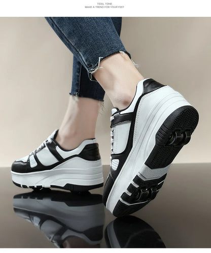 Four-Wheel Roller Shoes for Boys & Girls – Casual Outdoor Sports Sneakers with Pulleys, Slide & Shrink School Walking Shoes