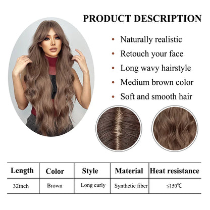 Super Long Curly Wavy Brown Synthetic Wig with Bangs – Heat-Resistant Afro Style for Cosplay, Party, Halloween, White Women