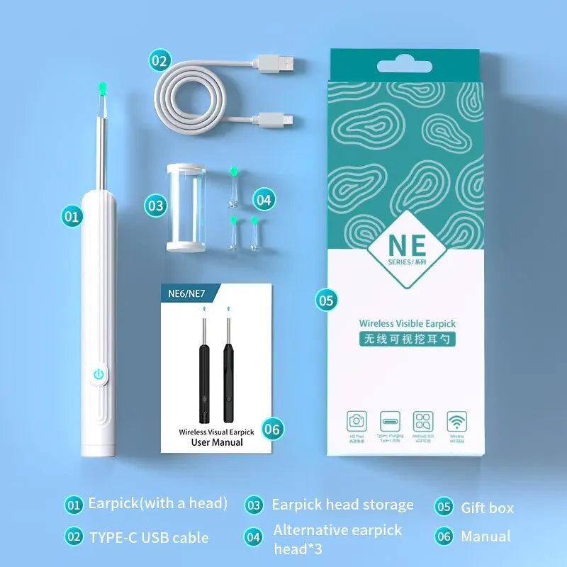 Smart Visual Ear Cleaner 1296P with Camera – USB-C Rechargeable Ear Wax Removal Tool, WiFi, 6 LED Lights