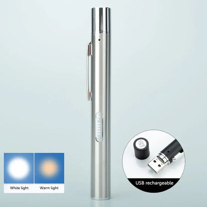 USB Rechargeable Medical Pen Light LED Flashlight – Stainless Steel Clip Mini Pocket Torch for Nursing, Dentist & Inspection Use