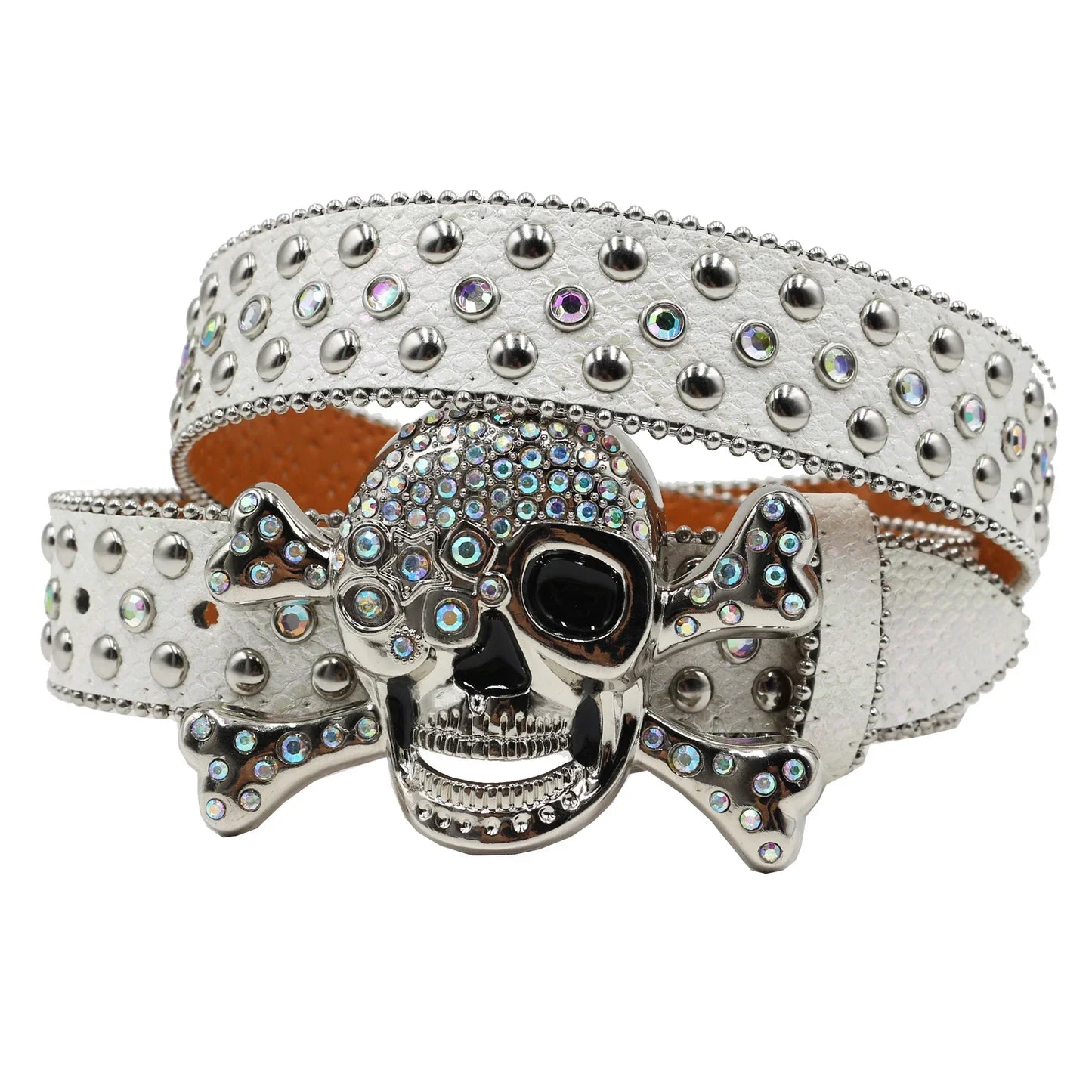 Women’s Rhinestone Skull Leather Belt – Luxury Designer Studded Strap for Jeans, White & Black