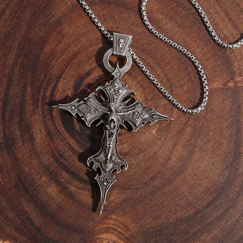 Gothic Skull Jesus Cross Necklace – Punk Catholic Amulet Jewelry for Men, Religious Pendant