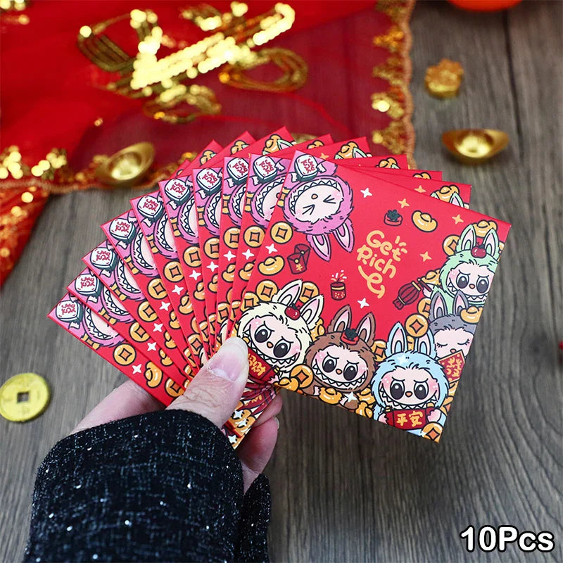 10pcs Labubu Chinese New Year Red Packets - Cute Animated Spring Festival Envelopes for Kids' Lucky Money & Wedding Gifts