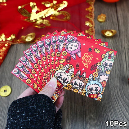 10pcs Labubu Chinese New Year Red Packets - Cute Animated Spring Festival Envelopes for Kids' Lucky Money & Wedding Gifts