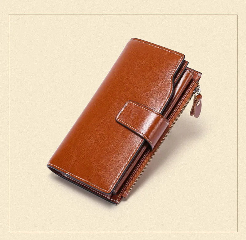 2024 New RFID Long Women’s Wallet — Genuine Leather Clutch with Zipper Coin Pocket, Card Holder & Printed Design