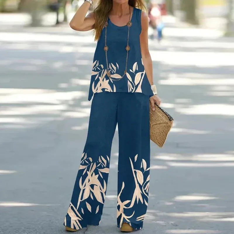 Women Printed 2-Piece Summer Suit Set – Sleeveless Round Neck Top & Wide Leg Pants Casual Loose Fit Outfit