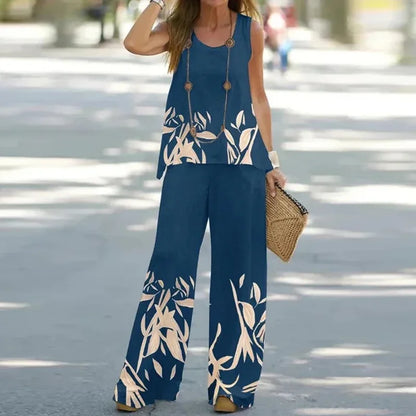 Women Printed 2-Piece Summer Suit Set – Sleeveless Round Neck Top & Wide Leg Pants Casual Loose Fit Outfit