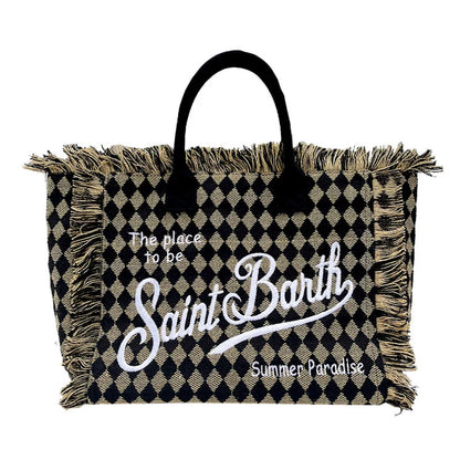 Saint Barth Large Capacity Women's Beach Handbag – European & American Style, Deep Blue Striped Tassel Tote