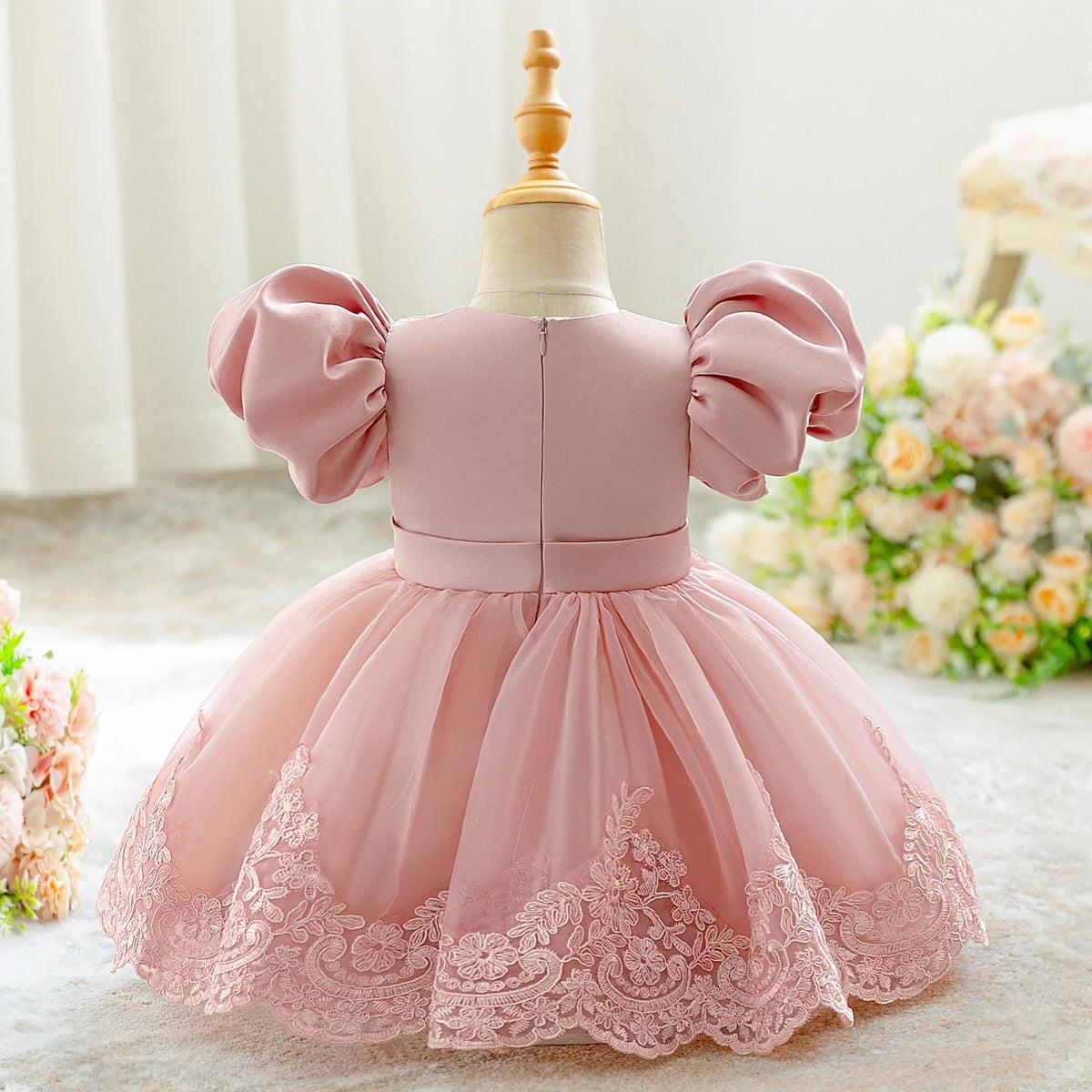 Infant Baby Girl Flower Embroidery Dress - Elegant Bow Princess Gown for Weddings, Baptism & Special Occasions
