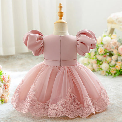 Infant Baby Girl Flower Embroidery Dress - Elegant Bow Princess Gown for Weddings, Baptism & Special Occasions