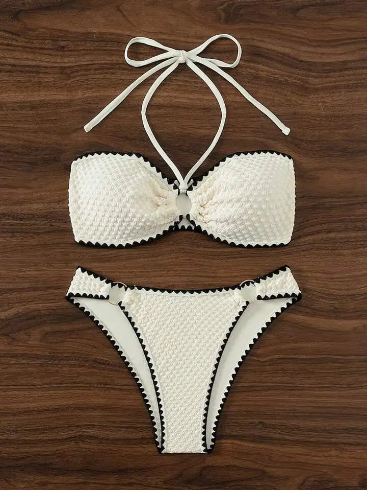White 2-Piece Strapless Swimwear – Sexy Bandeau Backless Lace-Up Patchwork Bikini Set for Women, 2025 New