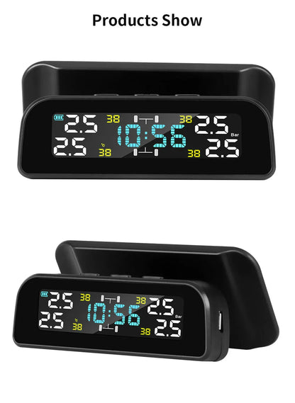 Solar Car TPMS Tire Pressure Monitoring System – 4 External Sensors with Temperature Alarm for Tyre Safety