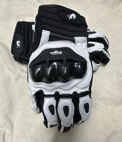 Motorcycle Gloves – Black Racing Genuine Leather, White Road Riding Team Gloves for Men, Summer & Winter with Touch Screen Compatibility