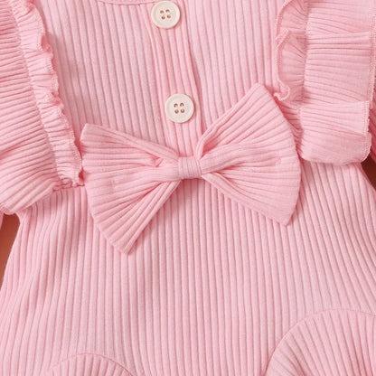 Newborn Baby Girls Clothes Set – Pink Ruffle Top & Heart Print Bow Trousers, Princess Casual Outfit for Infants