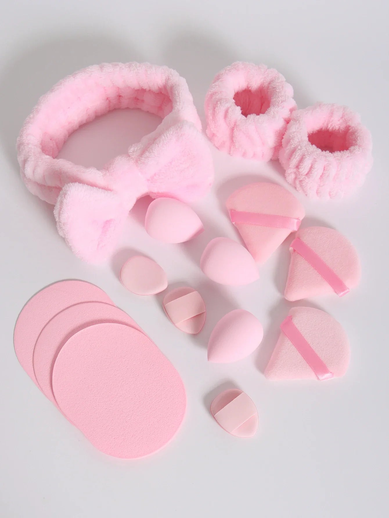 15Pcs Multi-Colored Fluffy Headband & Makeup Sponge Set - Sweet Style Beauty Essentials