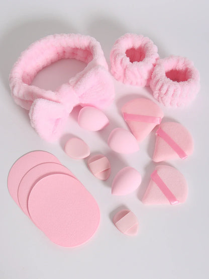 15Pcs Multi-Colored Fluffy Headband & Makeup Sponge Set - Sweet Style Beauty Essentials