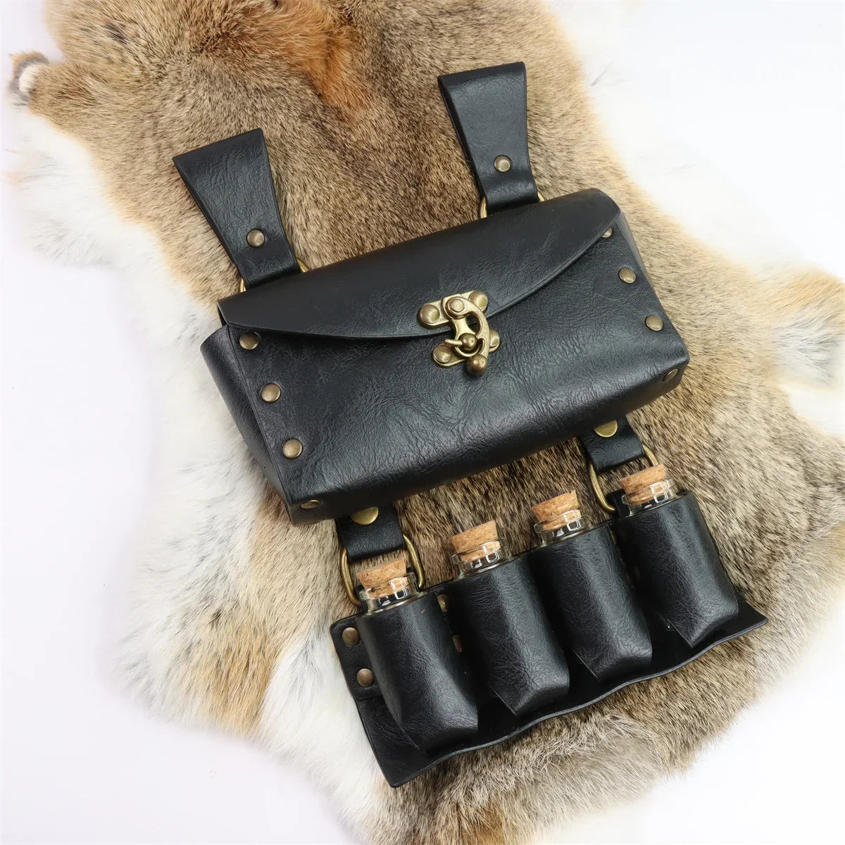 Renaissance Leather Cosplay Belt – Medieval Wizard Waist Bag with Alchemy Bottle, Cork Stopper & Copper Coin