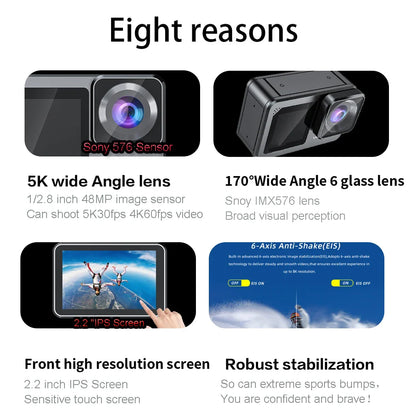 F6W Action Camera — 5K/4K60FPS, 48MP, 2.2" Touch LCD, EIS, Dual Screen, Wi-Fi, 170° Waterproof 30M, 8X Zoom Sports Camera with Wireless Mic