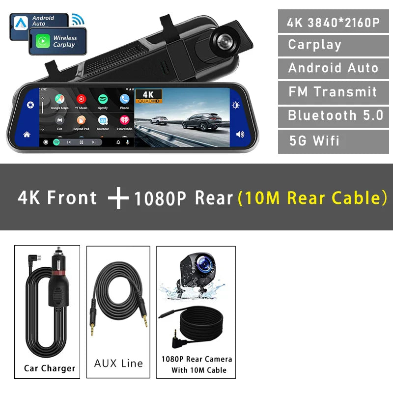 10" 4K Dash Cam Car DVR – 3840x2160P, CarPlay, Android Auto, GPS, 5G WiFi, AUX, Rearview Mirror Dash Camera, FM Recorder
