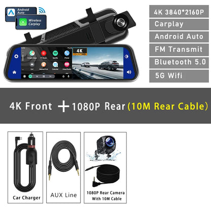 10" 4K Dash Cam Car DVR – 3840x2160P, CarPlay, Android Auto, GPS, 5G WiFi, AUX, Rearview Mirror Dash Camera, FM Recorder