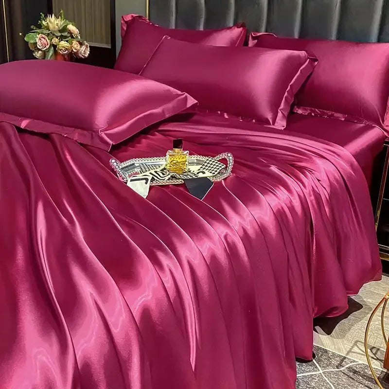 Nordic Silk Bedding Set With Duvet Cover - Luxury Solid Color Bed Sheet & Pillowcase Set For Single Double Couple Summer Bed Linen