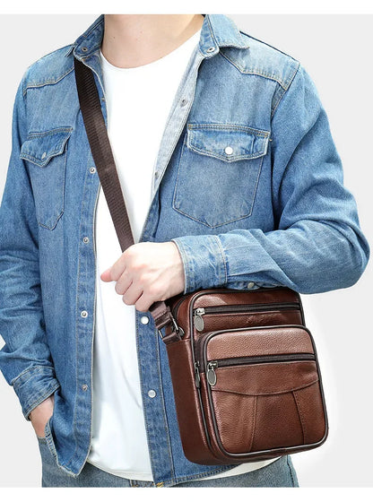 Men’s Genuine Leather Crossbody Bag – Small Outdoor Casual Bag for Motorcycle and Daily Use