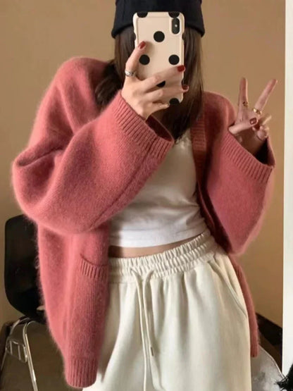 Korean Black V-Neck Knitted Cardigan – Single-Breasted Long Sleeve Loose Casual Women’s Sweater