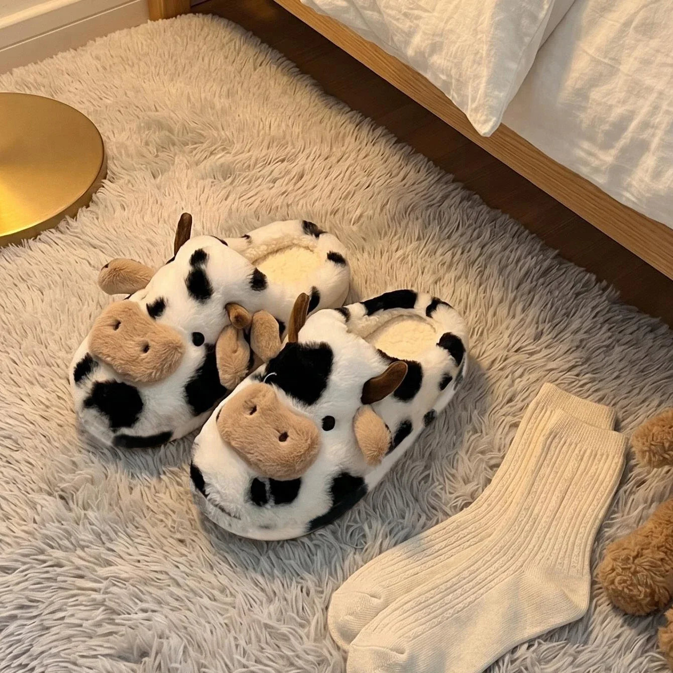 3D Cow Plush Slippers - Cute Fluffy Warm Non-Slip Indoor Home Shoes for Women