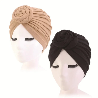 Stylish Headwear Set: 2pcs/lot Cotton Turban Top Knot Flower Decor Headwrap - Muslim Ladies Hair Cover Beanie - Solid Color India Hat for Women