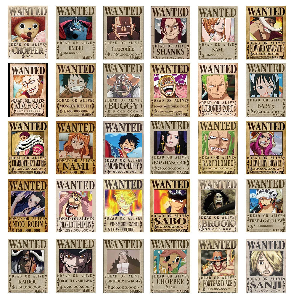 56PCS One Piece Anime Stickers – Wanted Poster Cartoon Decals for Laptop, Notebook, Phone & Wall Decoration