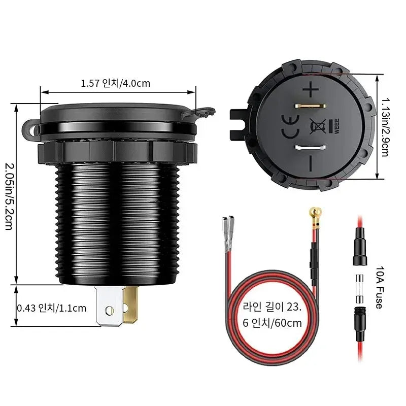 Quick Charger QC3.0 Dual USB Aluminum Car Charger - LED Voltage Display, Switch Button, for 12V/24V Cars, Boats, Motorcycles