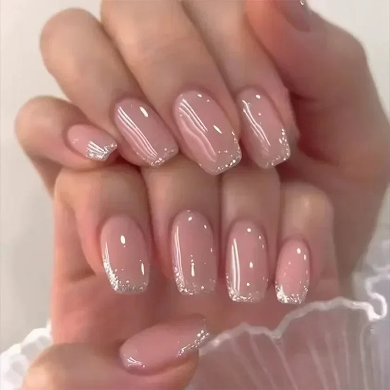 24PCS Short Square Coffin False Nails – French Glitter Acrylic Press-On Nail Tips with Glue, Wearable Fake Nails Set