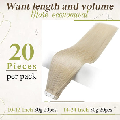 Full Shine Tape In Human Hair Extensions - 100% Remy Straight Hair Double Sided Silky Natural Tapes for Women