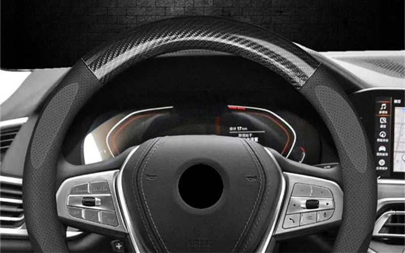 Universal Carbon Fiber Leather Steering Wheel Cover — 3D Anti-Slip, Stylish Car Accessory