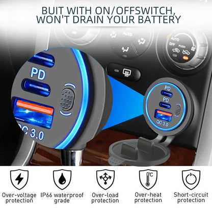 QC3.0 + PD 78W Car Charger Socket Triple USB Type-C Fast Charging Power Adapter with Switch Waterproof 12V/24V Universal Car Charger