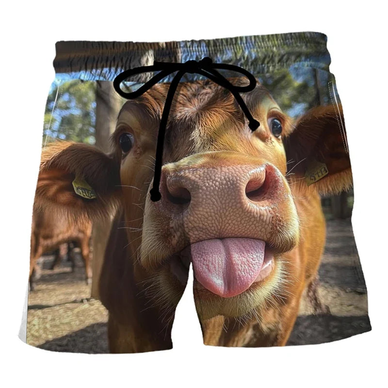 Funny Cow Print Beach Shorts - Men’s 3D Animal Print Summer Swim Trunks