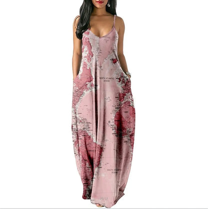 Women’s World Map Beach Dress – Elegant Sexy Long Sundress with Irregular Hem, Sleeveless Spaghetti Straps, Plus Size Summer Dress