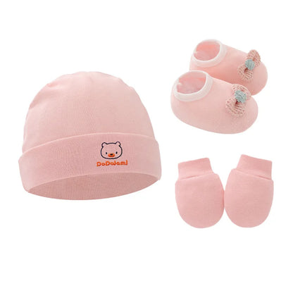 3pcs Cotton Baby Set – Newborn Beanie, Bonnet, Gloves & Socks, Cute Cartoon Caps for Boys & Girls Gift